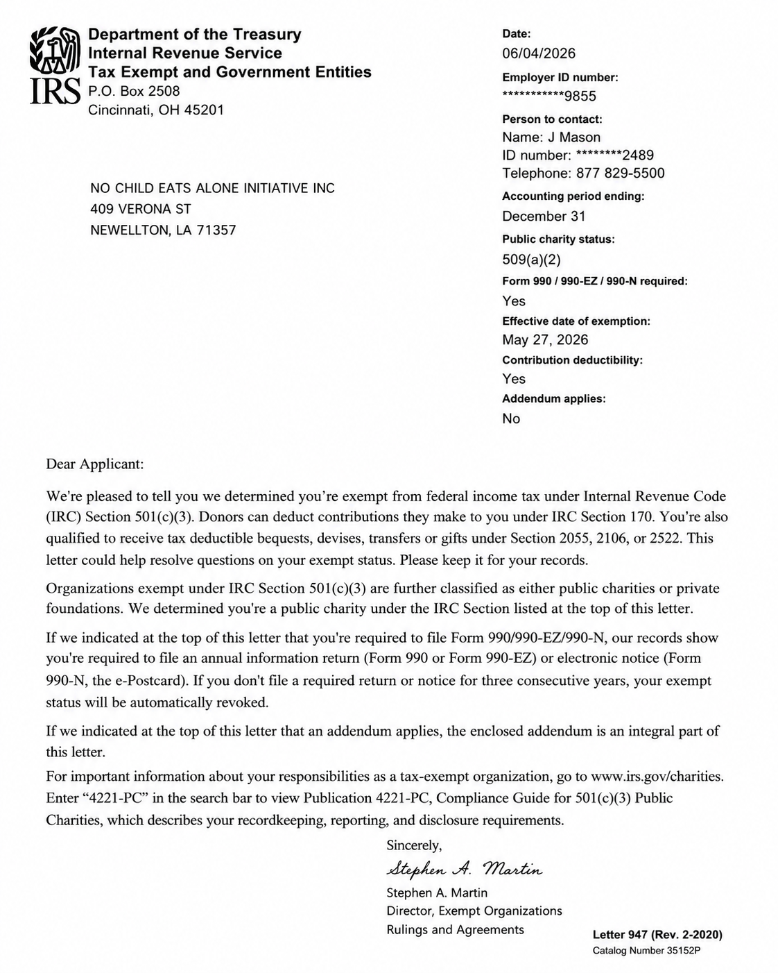 IRS 501(c)(3) determination letter for No Child Eats Alone Initiative Inc.